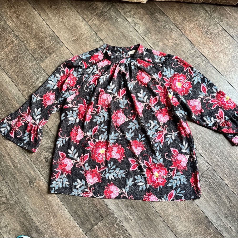 LOFT Ann Taylor Floral Ruffle Cuff Mock Neck Turtleneck Blouse Top Plus sz 18